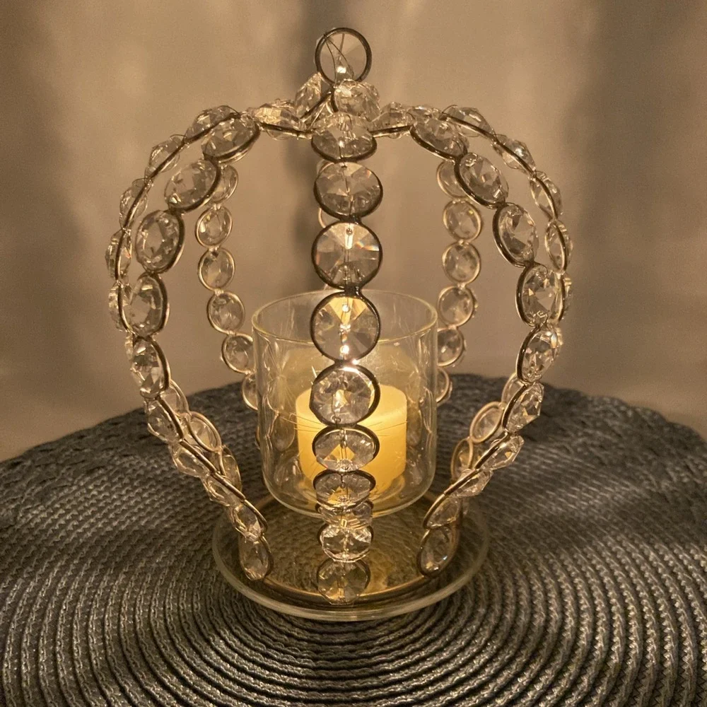 Crown Shaped Candle Holder Silver Toned Metal With Crystal Beads Etched Glass - Picture 1 of 6
